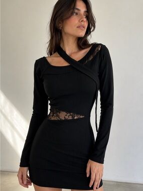 Black Lace Cutout Bodycon Mini Dress Y2K Fitted Date Night Sexy Cocktail Cutout